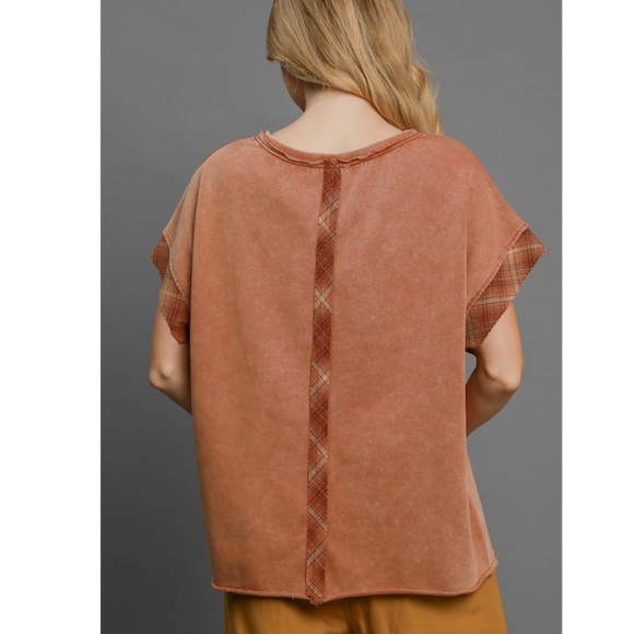 "The Piper" TOP Plaid Peace Rosewood Washed French Terry Plaid Peace Top - Picture 2 of 3